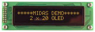 MIDAS DISPLAYS MCOB22005A1V-EYP Alphanumeric OLED, 20 x 2, Yellow on Black, 3.3V to 5V, Parallel