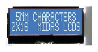 MIDAS DISPLAYS MCCOG21605C6W-BNMLWI Alphanumeric LCD, 16 x 2, White on Blue, 3V to 5V, I2C, English, Japanese, Transmissive