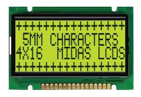 MIDAS DISPLAYS MC41605B6W-SPTLY-V2 Alphanumeric LCD, 16 x 4, Black on Yellow / Green, 5V, Parallel, English, Japanese, Transflective