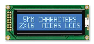 MIDAS DISPLAYS MC21605B6WK-BNMLW-V2 Alphanumeric LCD, 16 x 2, White on Blue, 5V, English, Euro, Japanese, Transmissive