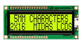 MIDAS DISPLAYS MC21605G6WR-SPTLY-V2 Alphanumeric LCD, 16 x 2, Black on Yellow / Green, 5V, Parallel, English, Cyrillic, Transflective