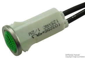 VCC / VISUAL COMMUNICATIONS COMPANY 1032D5 Neon Indicator, Non-Relampable, 125 VAC, Wire Leaded, Green, 12.7 mm, Dome