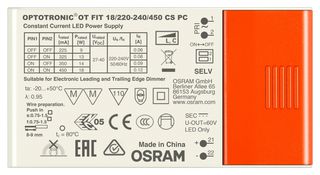 INVENTRONICS OT-FIT-18/220-240/450-CS-PC-SC LED Driver, LED Lighting, 18 W, 60 VDC, 450 mA, Constant Current, 198 V