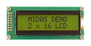 MIDAS DISPLAYS MC21605B6W-SPTLY3.3-V2 Alphanumeric LCD, 16 x 2, Black on Yellow / Green, 3.3V, Parallel, English, Japanese