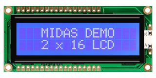 MIDAS DISPLAYS MC21605G6W-BNMLW3.3-V2 Alphanumeric LCD, 16 x 2, White on Blue, 3.3V, Parallel, English, Japanese, Transmissive