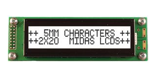 MIDAS DISPLAYS MC22005A6W-FPTLW3.3-V2 Alphanumeric LCD, 20 x 2, Black on White, 3.3V, Parallel, English, Japanese, Transflective