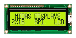 MIDAS DISPLAYS MC21605C6W-SPTLYS-V2 Alphanumeric LCD, 16 x 2, Black on Yellow / Green, 5V, SPI, English, Japanese, Transflective