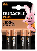DURACELL MN1500 P4 +/PWR Battery, 1.5 V, AA, Alkaline, Raised Positive and Flat Negative, 4