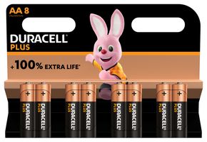 DURACELL MN1500 P8 +/PWR Battery, 1.5 V, AA, Alkaline, Raised Positive and Flat Negative, 8