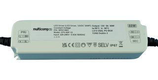 MULTICOMP PRO MP011865 LED Driver, LED Lighting, 60 W, 12 V, 5 A, Constant Voltage, 198 VAC