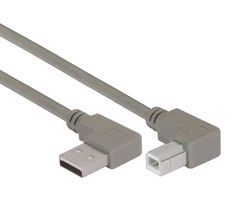 L-COM CA90LA-90LB-4M USB Cable, 90° Type A Plug to 90° Type B Plug, 4 m, 13.1 ft, USB 2.0, Grey