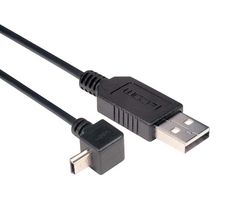 L-COM CAA-90UMB5-05M USB Cable, Type A Plug to 90° Mini Type B Plug, 500 mm, 19.7 ft, USB 2.0, Black