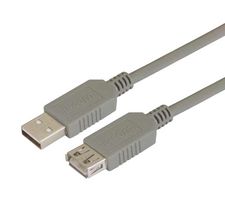 L-COM ECUSBAX-03M USB Cable, Type A Plug to Type A Receptacle, 300 mm, 11.8 ft, USB 2.0, Grey