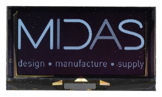 MIDAS DISPLAYS MDOG256128AV-WM Graphic OLED, 256 x 128 Pixels, White on Black, 3V, I2C, Parallel, SPI, 71.86mm x 73mm, -40 °C